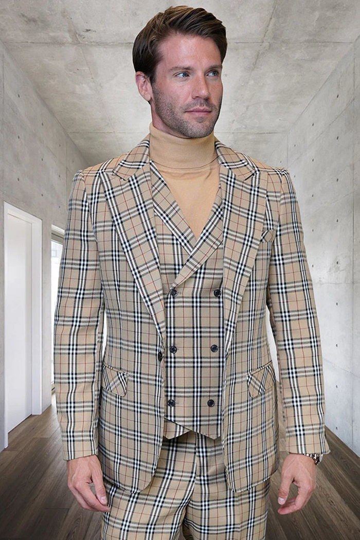 Marc Darcy Wedding Suits Men's Designer One Button Peak Lapel Vested Wool Suit in Tan & Blue Windowpane Plaid - USA Men's Outlet
