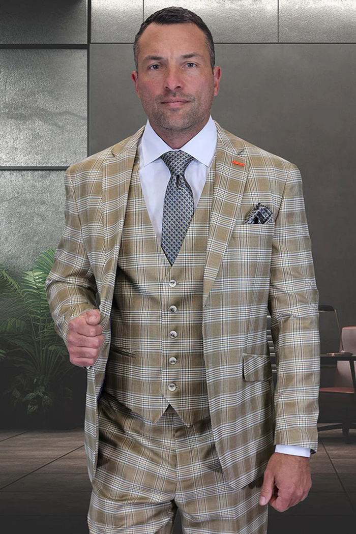Marc Darcy Wedding Suits Men's Designer Two Button Modern Fit Vested Wool Suit in Tan Glen Plaid USA Men's Outlet