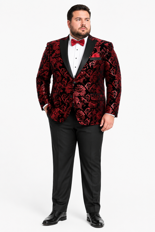 Unique Prom Suits - Interesting Fun - Men's Modern Fit Velvet Floral Paisley Foil Red and Black Tuxedo Jacket