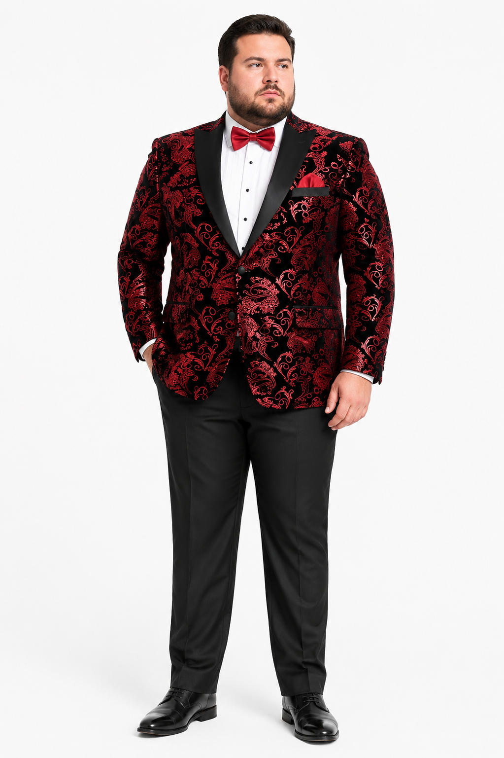 Unique Prom Suits - Interesting Fun - Men's Modern Fit Velvet Floral Paisley Foil Red and Black Tuxedo Jacket