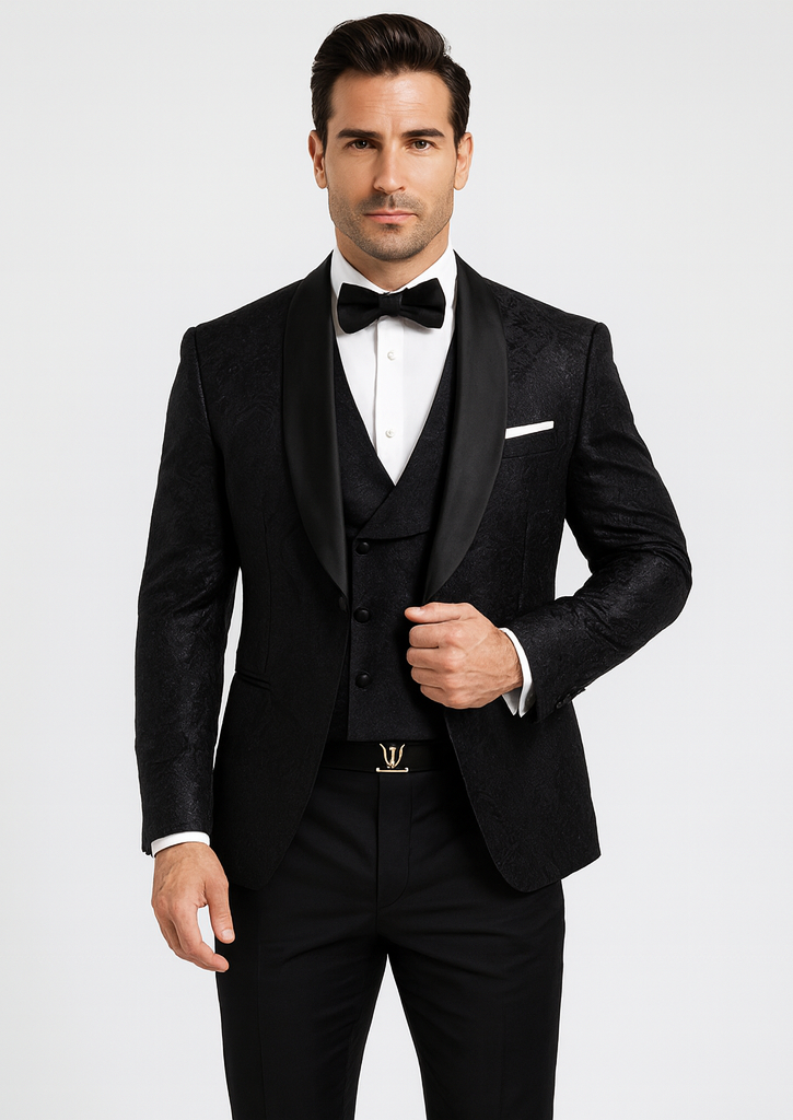 Luxury Men's Designer Wedding Tuxedo – Black Floral Lace 3-Piece Set – SuitUSA