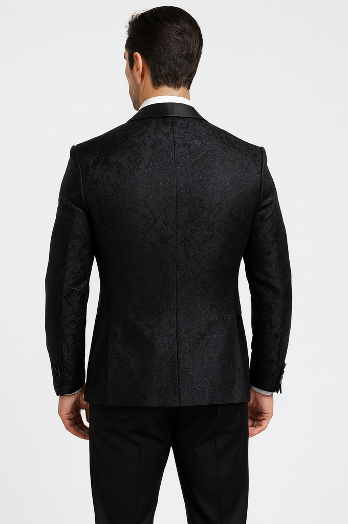 Luxury Men's Designer Wedding Tuxedo – Black Floral Lace 3-Piece Set