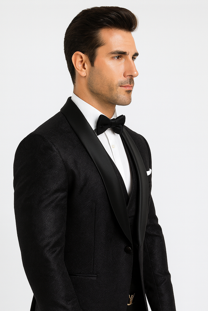 Luxury Men's Designer Wedding Tuxedo – Black Floral Lace 3-Piece Set