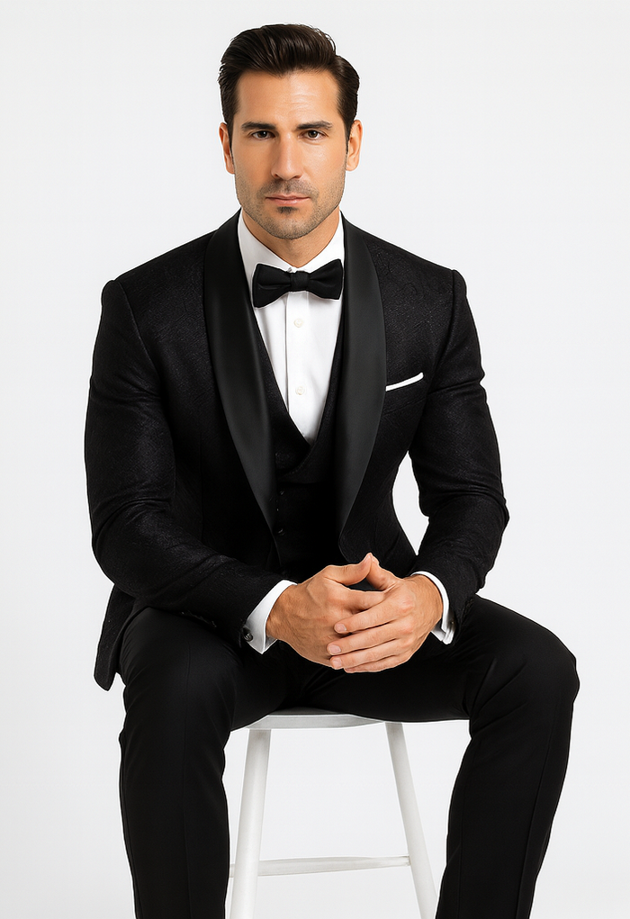 Luxury Men's Designer Wedding Tuxedo – Black Floral Lace 3-Piece Set