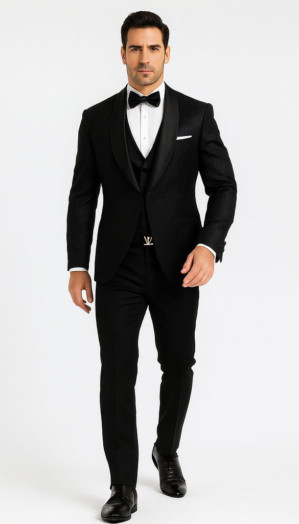 Luxury Men's Designer Wedding Tuxedo – Black Floral Lace 3-Piece Set