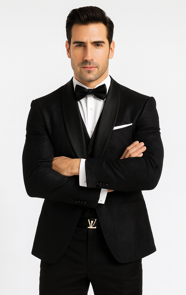 Luxury Men's Designer Wedding Tuxedo – Black Floral Lace 3-Piece Set