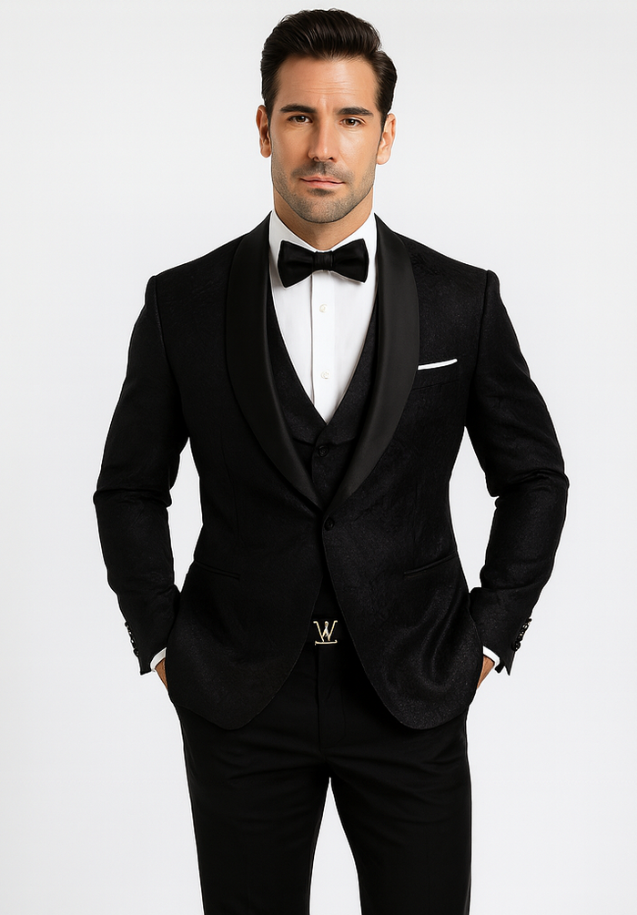 Luxury Men's Designer Wedding Tuxedo – Black Floral Lace 3-Piece Set