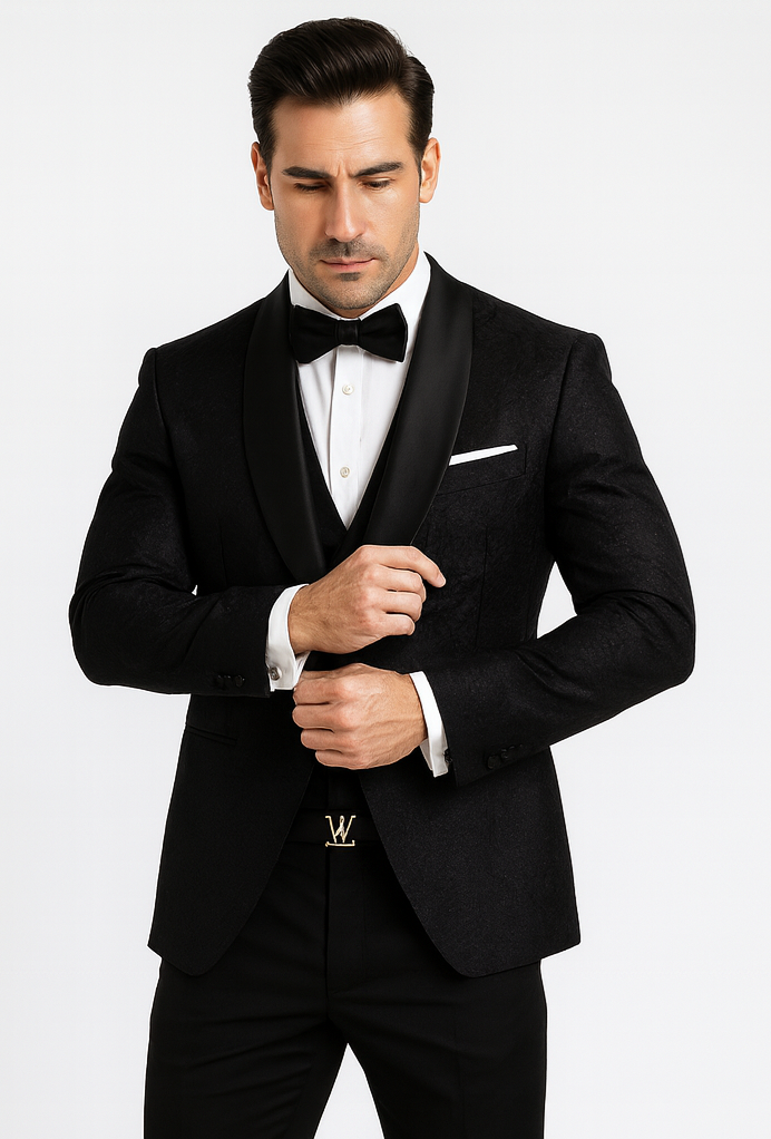 Luxury Men's Designer Wedding Tuxedo – Black Floral Lace 3-Piece Set