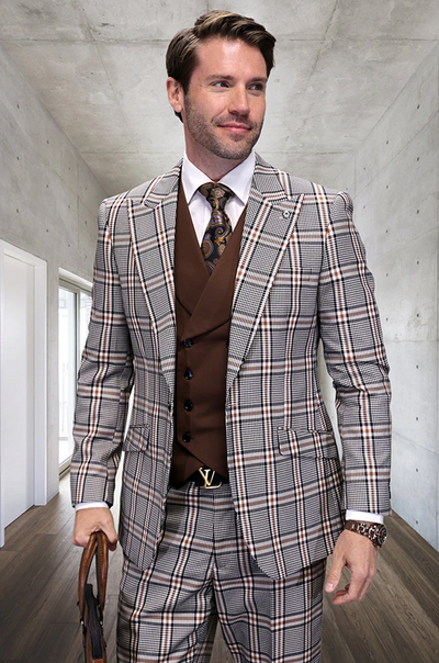 Marc Darcy Wedding Suits Men's Designer Vested Wide Peak Lapel Houndstooth Plaid Suit in Tan