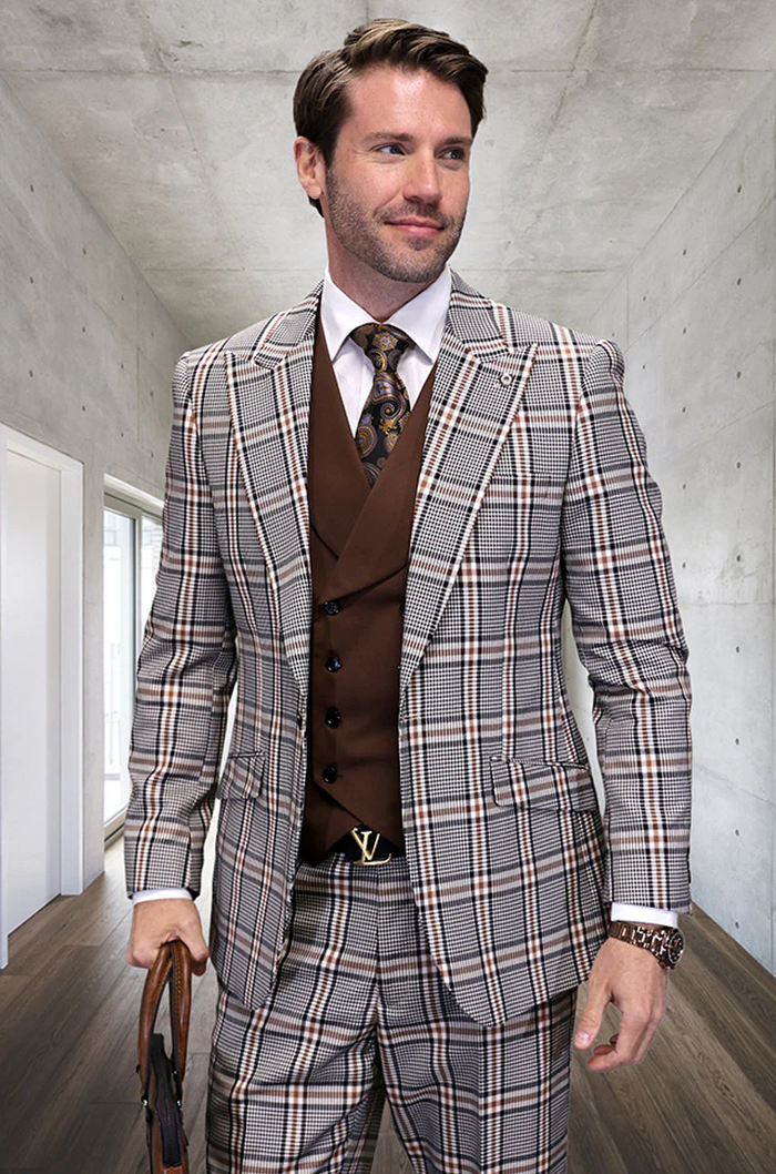 Marc Darcy Wedding Suits Men's Designer Vested Wide Peak Lapel Houndstooth Plaid Suit in Tan by USA Men's Outlet