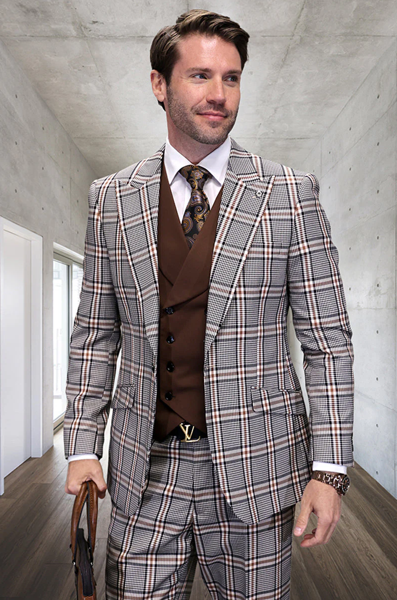 Marc Darcy Wedding Suits Men's Designer Vested Wide Peak Lapel Houndstooth Plaid Suit in Tan – SuitUSA