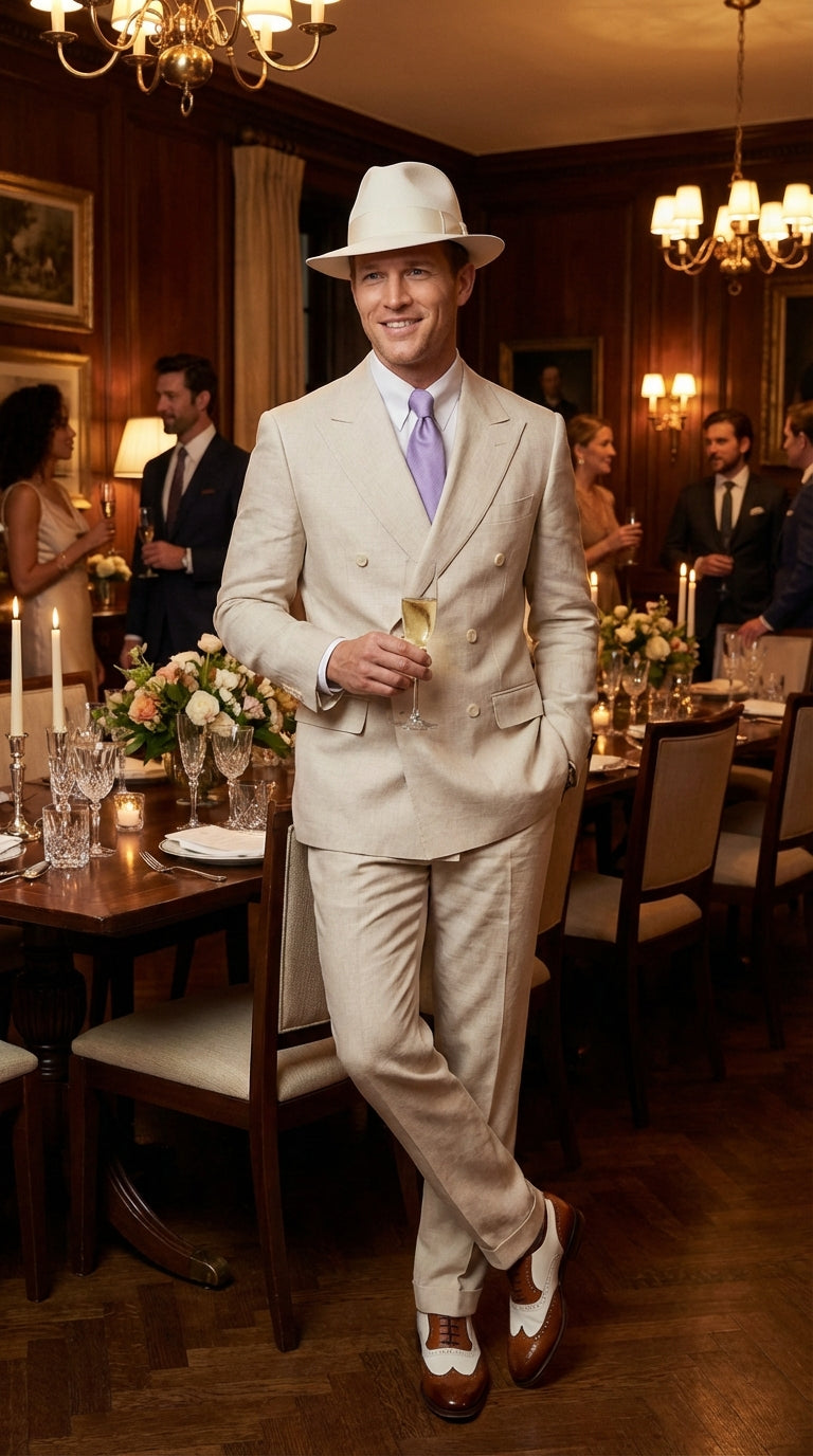 Mens Ivory Off White Double Breasted AI Capone Suit – Classic 1920s Vintage Gangster Style Formal Suit