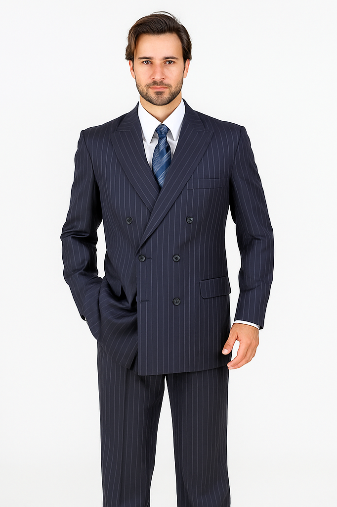 Men's Double Breasted Suits Dark Navy Blue Suit For Men with Smooth Stripe ~ Pinstripe Suit With Side Vent Jacket Pleated Pants – SuitUSA