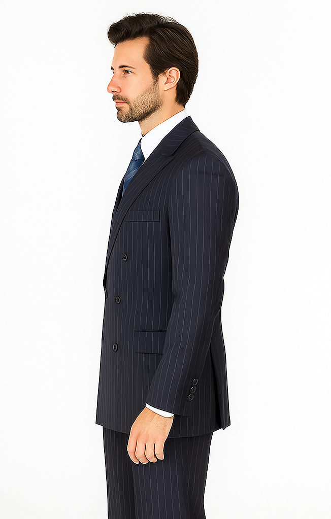 Men's Double Breasted Suits Dark Navy Blue Suit For Men with Smooth Stripe ~ Pinstripe Suit With Side Vent Jacket Pleated Pants