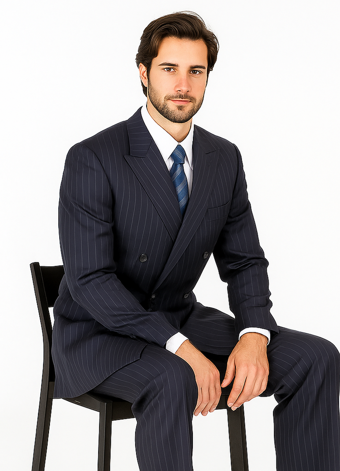 Men's Double Breasted Suits Dark Navy Blue Suit For Men with Smooth Stripe ~ Pinstripe Suit With Side Vent Jacket Pleated Pants