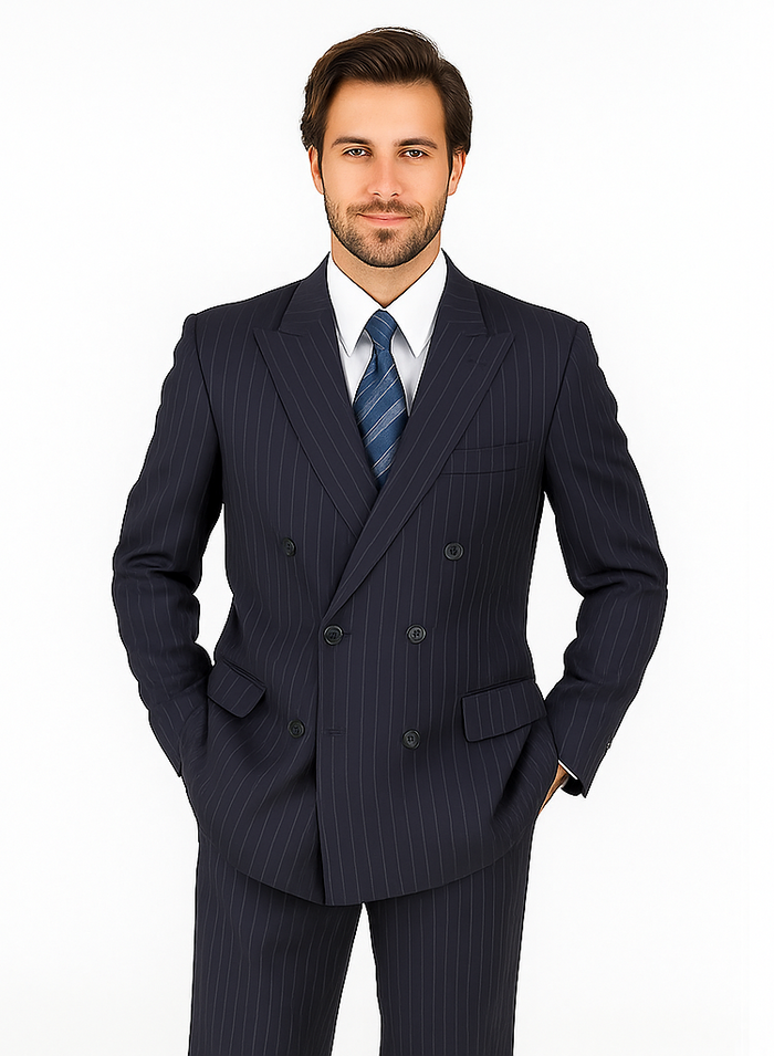 Men's Double Breasted Suits Dark Navy Blue Suit For Men with Smooth Stripe ~ Pinstripe Suit With Side Vent Jacket Pleated Pants