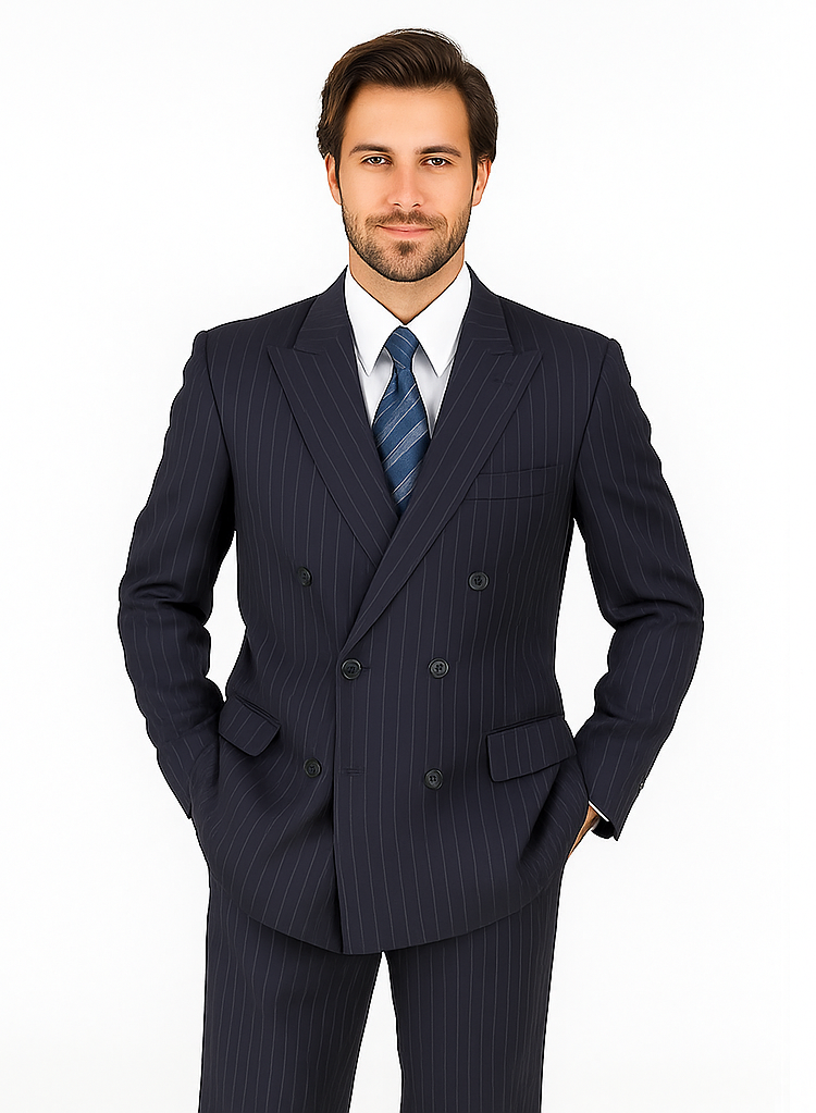 Men's Double Breasted Suits Dark Navy Blue Suit For Men with Smooth Stripe ~ Pinstripe Suit With Side Vent Jacket Pleated Pants