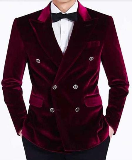 Burgundy Double Breasted Velvet Blazer - Velvet Sport Coat by Mensusain