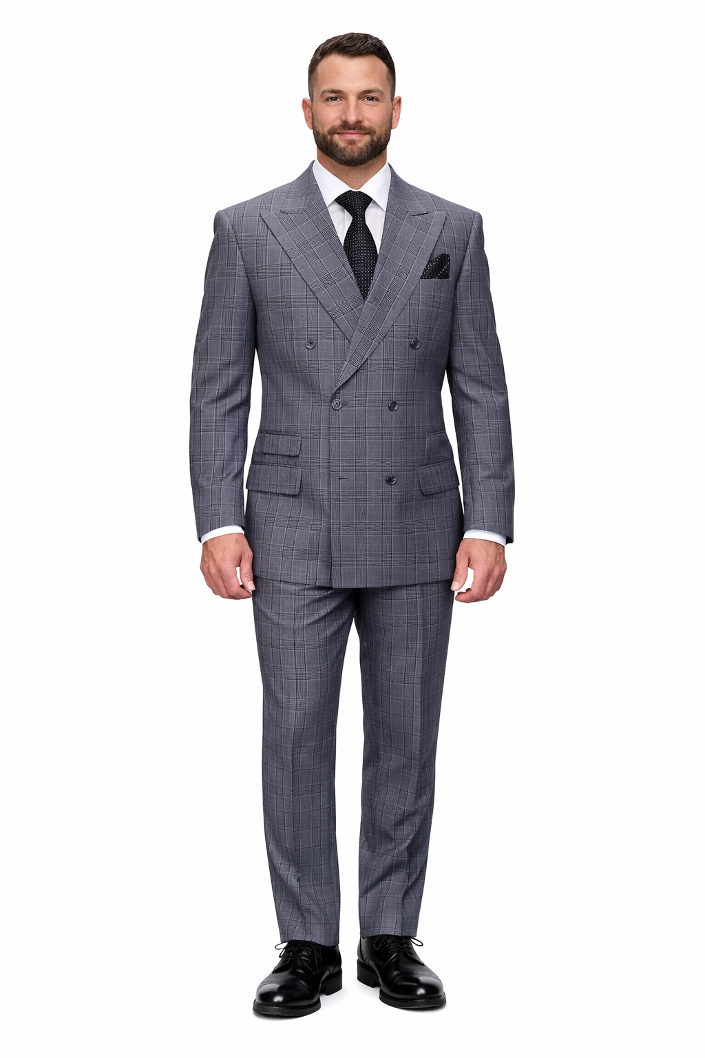 Mens Double Breasted Wool Suit Grey Plaid Regular Fit Black Gray