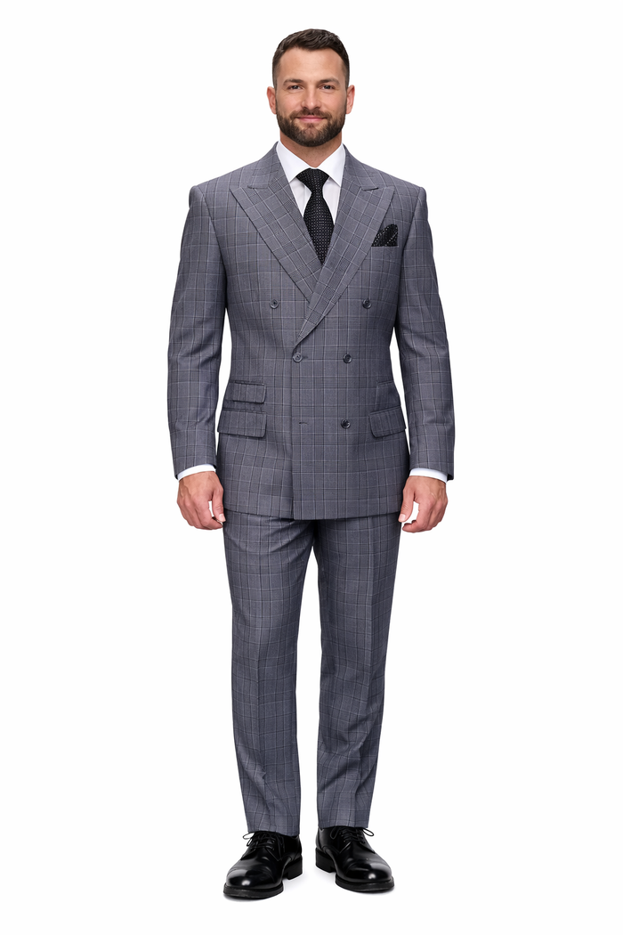 Mens Double Breasted Wool Suit Grey Plaid Regular Fit Black Gray USA Men's Outlet