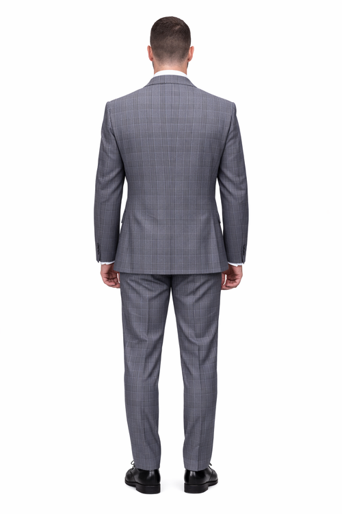 Mens Double Breasted Wool Suit Grey Plaid Regular Fit Black Gray