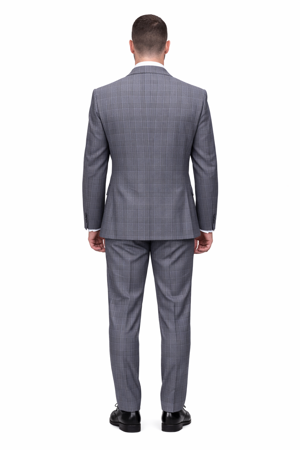 Mens Double Breasted Wool Suit Grey Plaid Regular Fit Black Gray