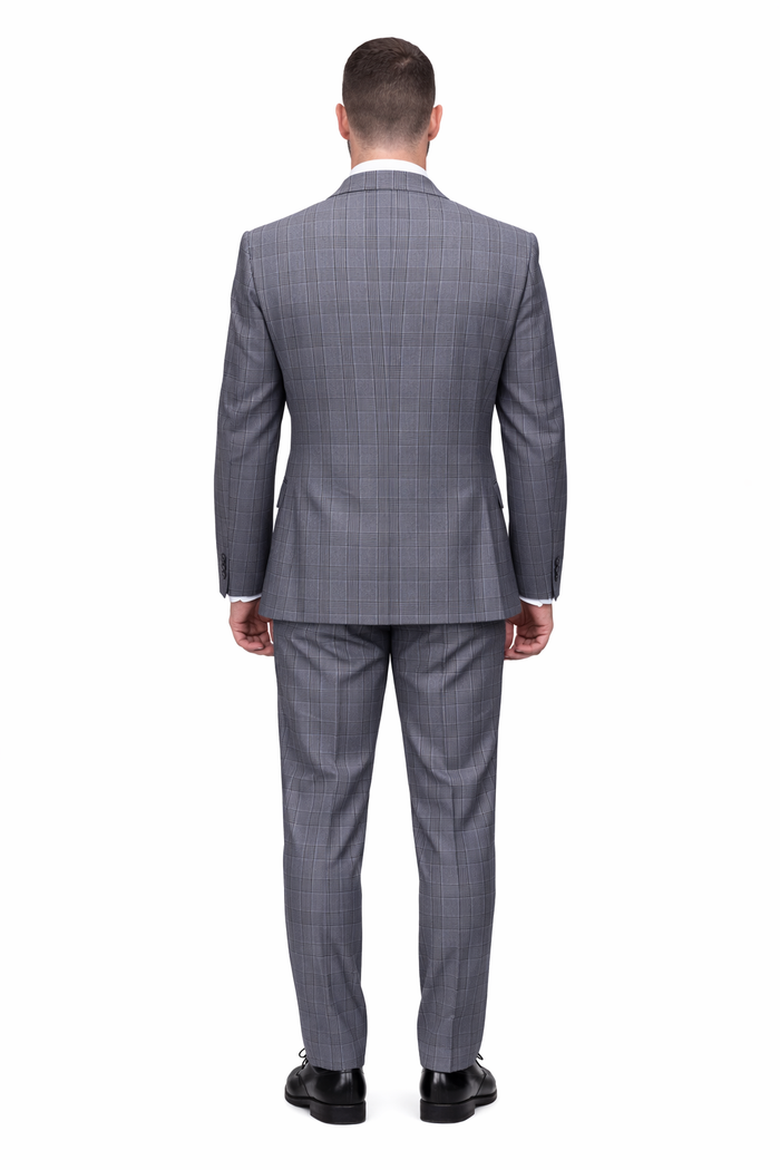 Mens Double Breasted Wool Suit Grey Plaid Regular Fit Black Gray USA Men's Outlet