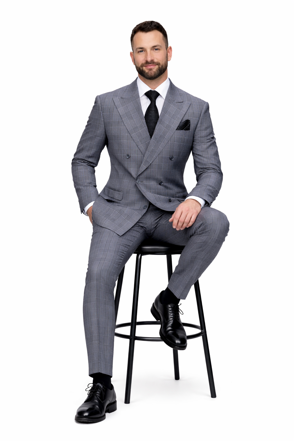 Mens Double Breasted Wool Suit Grey Plaid Regular Fit Black Gray