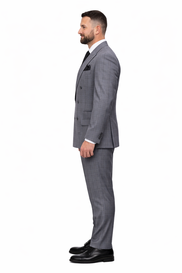 Mens Double Breasted Wool Suit Grey Plaid Regular Fit Black Gray USA Men's Outlet