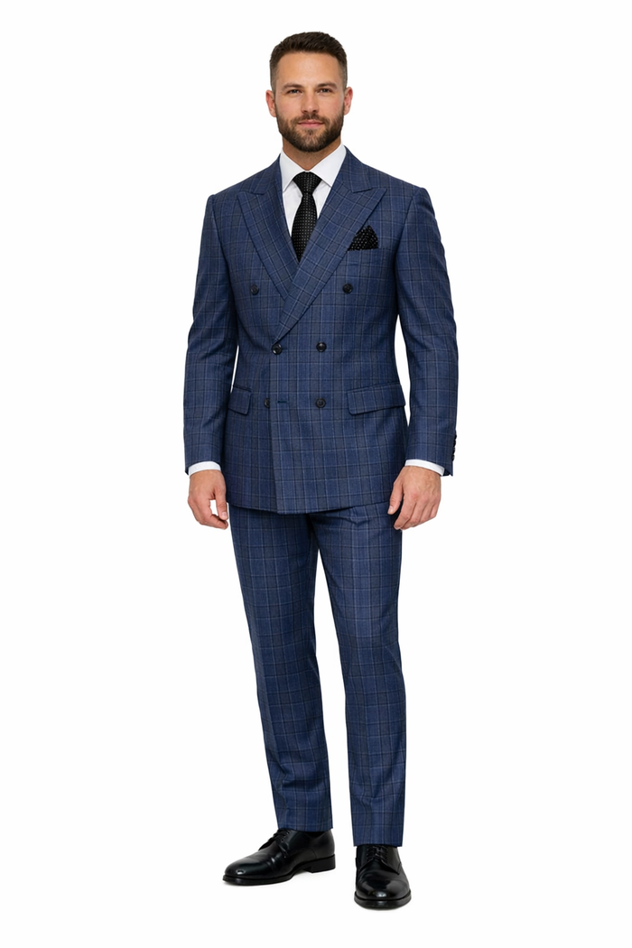 Mens Double Breasted Wool Suit Grey Plaid Regular Fit Sapphire by USA Men's Outlet