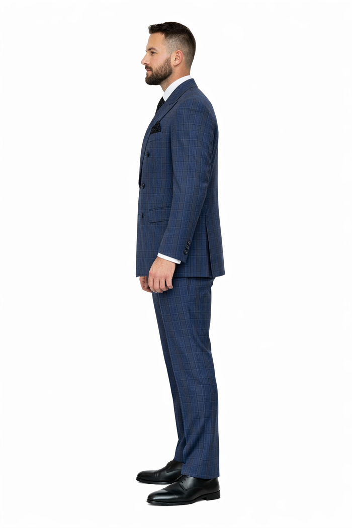 Mens Double Breasted Wool Suit Grey Plaid Regular Fit Sapphire by USA Men's Outlet