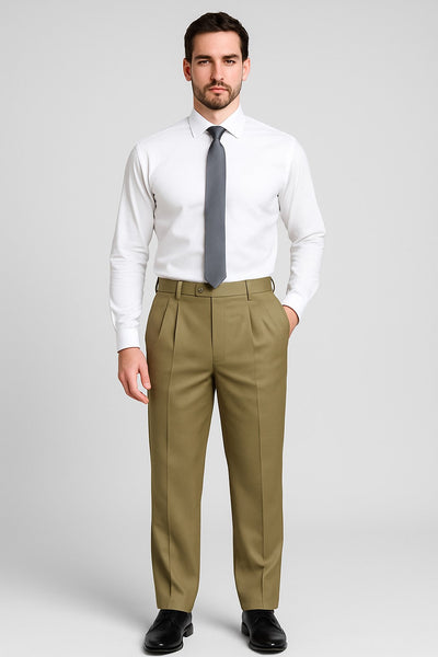 Mens Double Pleated Trousers - Double Pleated Dress Pants - Slacks Beige