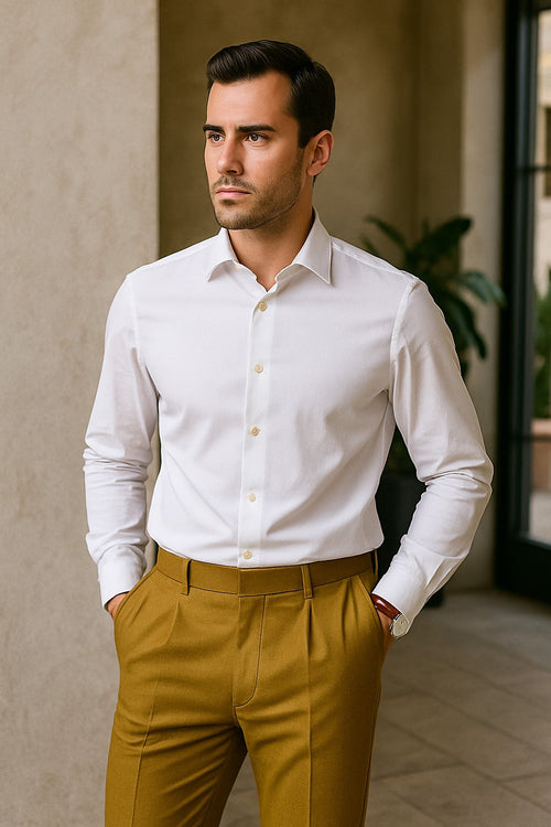 Mens Double Pleated Trousers - Double Pleated Dress Pants - Slacks Gold