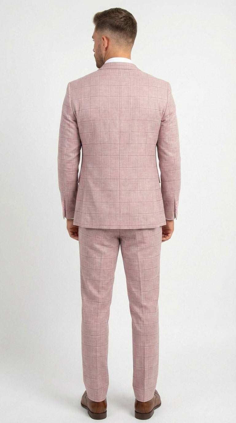 Mens Dusty Rose Three Piece Plaid Suit – Pink Check Wedding and Business Formal Suit Set Windowpane Pattern