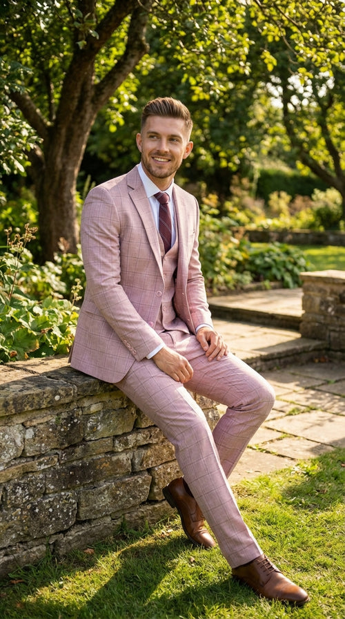 Mens Dusty Rose Three Piece Plaid Suit – Pink Check Wedding and Business Formal Suit Set Windowpane Pattern