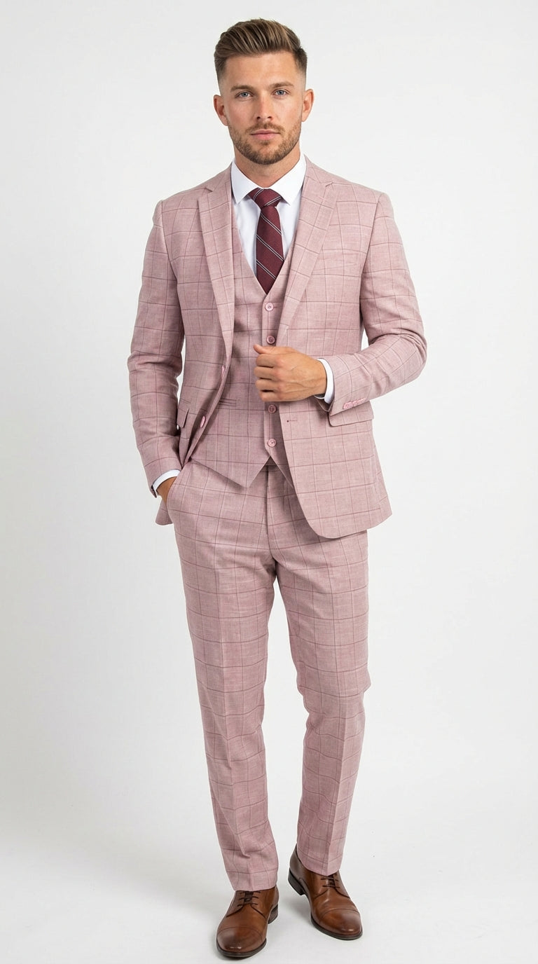 Mens Dusty Rose Three Piece Plaid Suit – Pink Check Wedding and Business Formal Suit Set Windowpane Pattern