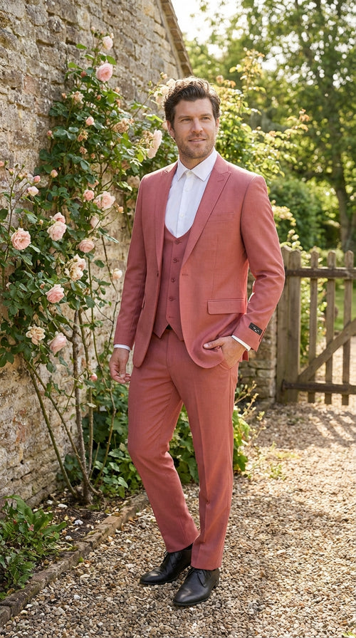 Mens Dusty Rose Three Piece Suit – Modern Formal 3PC Wedding and Prom Suit - Pink Coloe Modern Fit