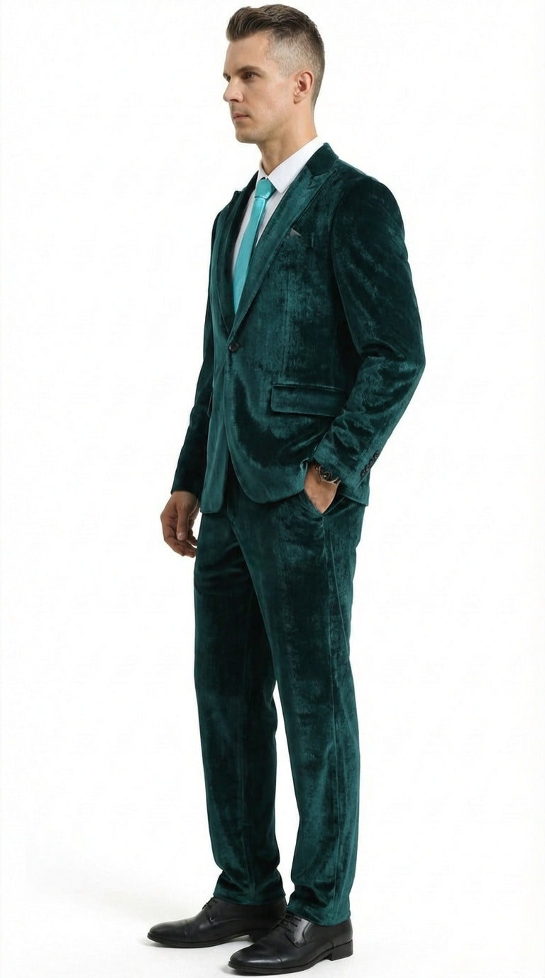 Mens Emerald Green Teal Blue Velvet Suit – Luxury Two Piece Formal Evening Suit