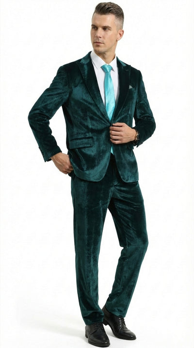 Mens Emerald Green Teal Blue Velvet Suit – Luxury Two Piece Formal Evening Suit