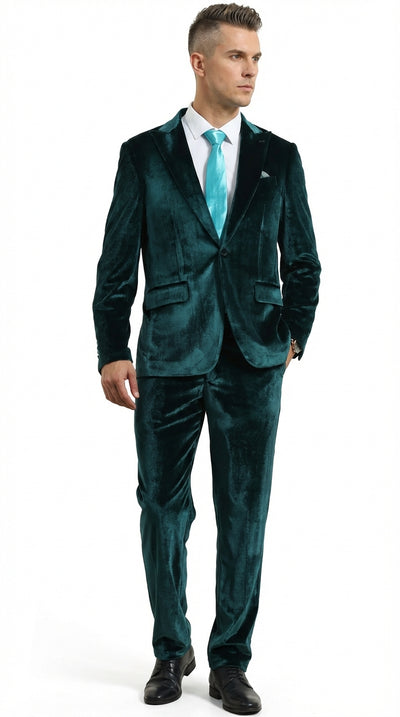 Mens Emerald Green Teal Blue Velvet Suit – Luxury Two Piece Formal Evening Suit