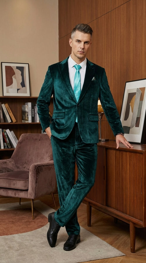 Mens Emerald Green Teal Blue Velvet Suit – Luxury Two Piece Formal Evening Suit