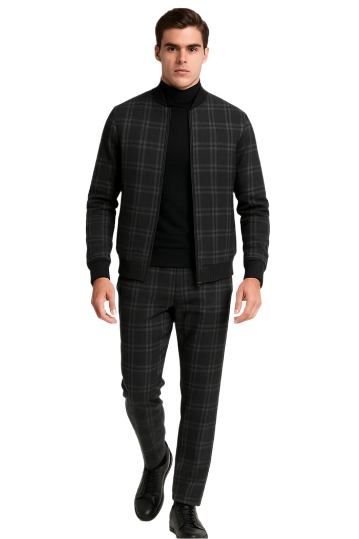 Men's Tazio Track Suit Set: Stylish Black Plaid Jacket & Pant