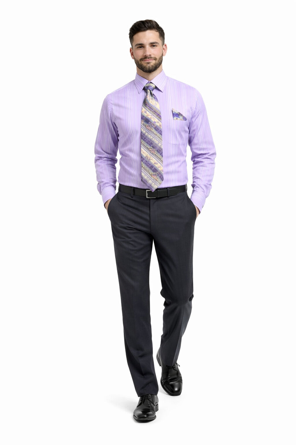 Daniel Ellissa Men's Lavender Tonal Stripe Dress Shirt, Tie & Hanky Set