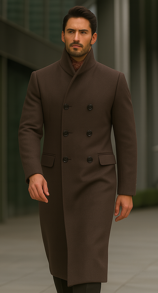 Mens Full Length Length Top Coat - Double Breasted Brown Herringbone by USA Men's Outlet