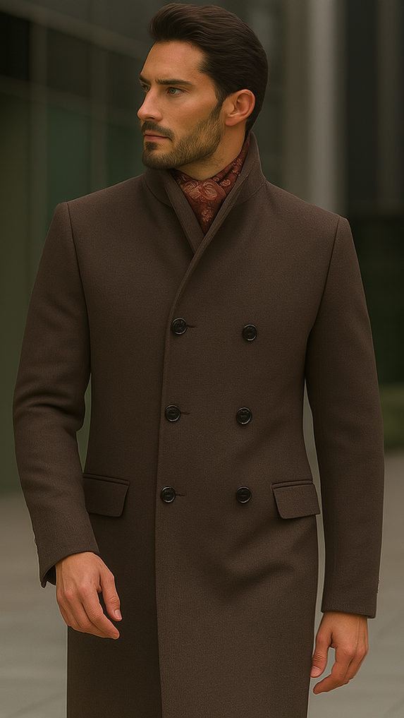 Mens Full Length Length Top Coat - Double Breasted Brown Herringbone by USA Men's Outlet