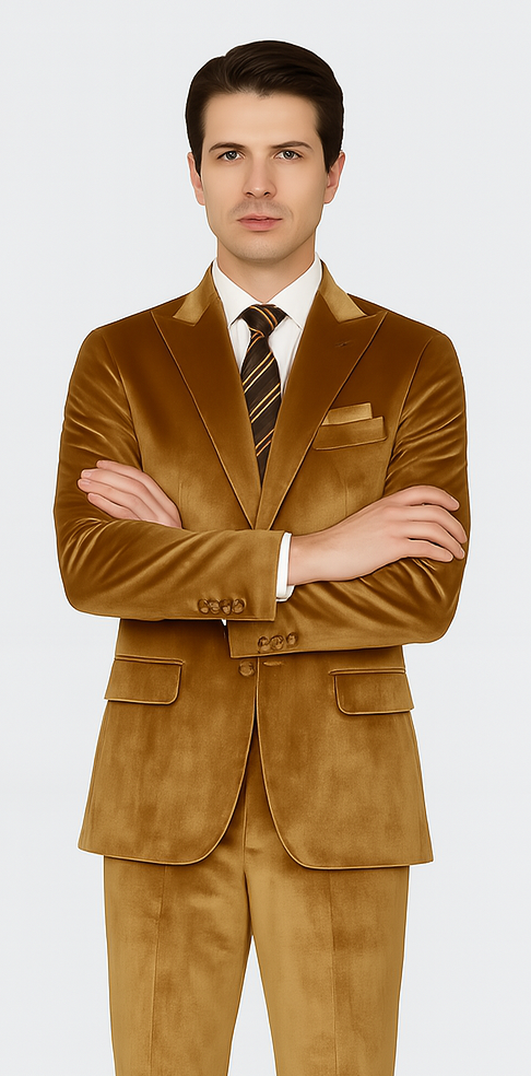 Gold Velvet Suit for Men – Tazzio 2-Piece Slim Fit Peak Lapel Formal Set