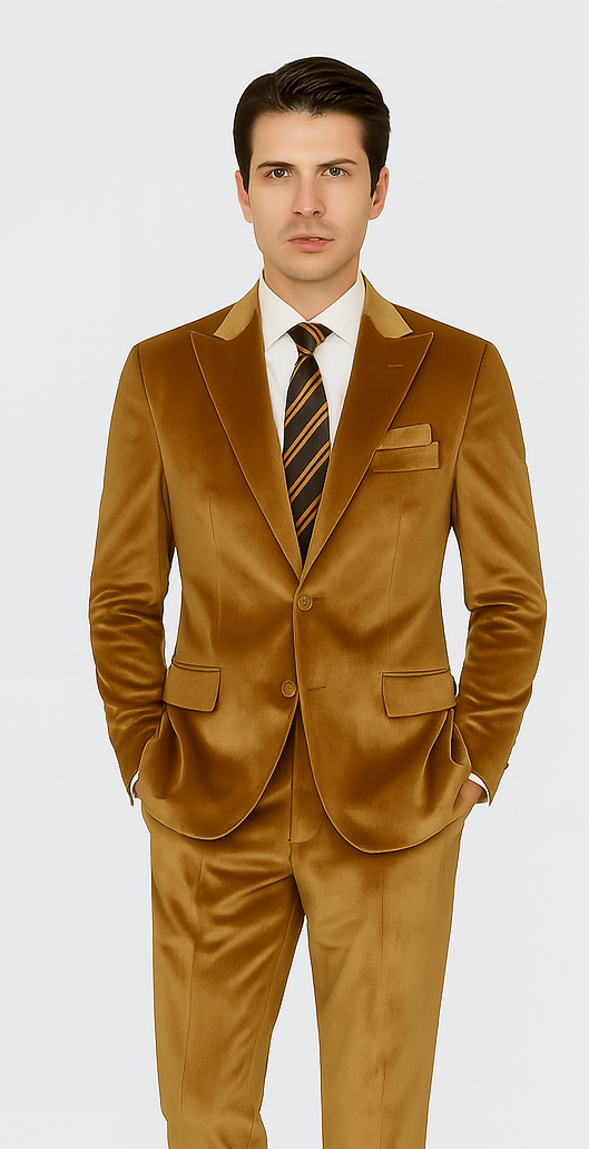 Gold Velvet Suit for Men – Tazzio 2-Piece Slim Fit Peak Lapel Formal Set
