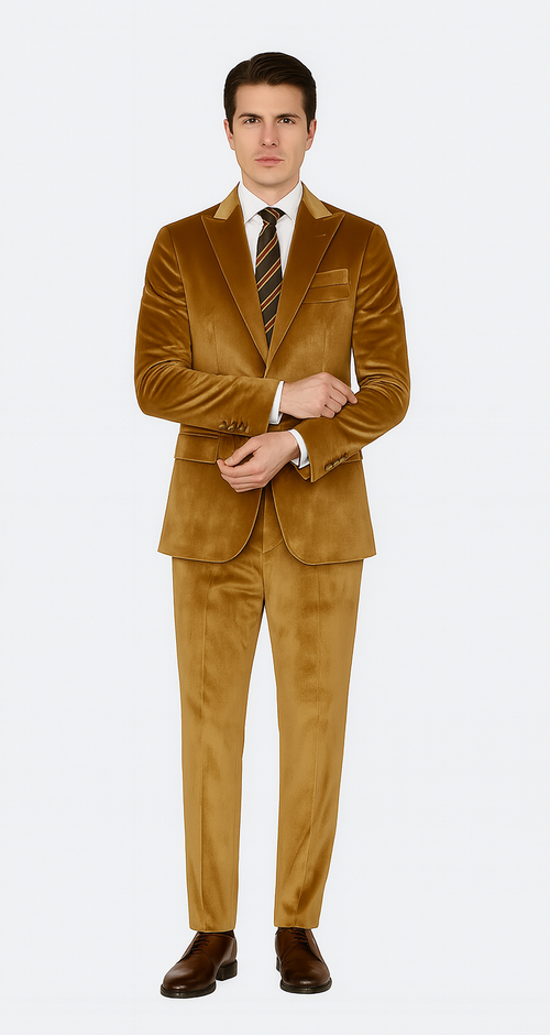 Gold Velvet Suit for Men – Tazzio 2-Piece Slim Fit Peak Lapel Formal Set