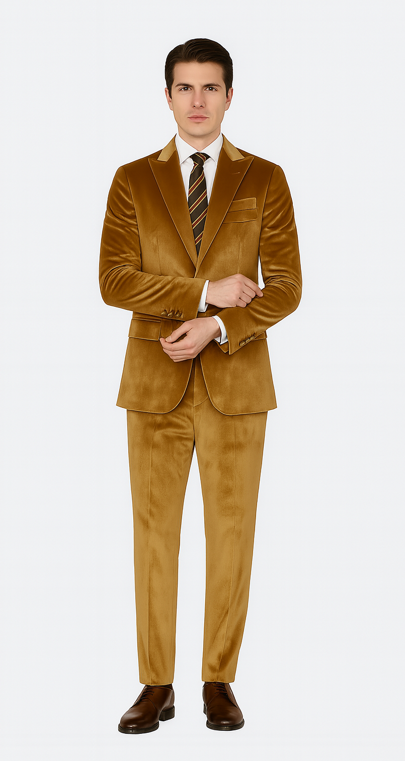 Gold Velvet Suit for Men – Tazzio 2-Piece Slim Fit Peak Lapel Formal Set