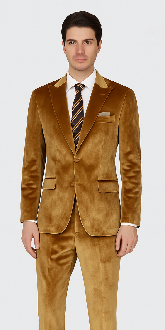 Gold Velvet Suit for Men – Tazzio 2-Piece Slim Fit Peak Lapel Formal Set